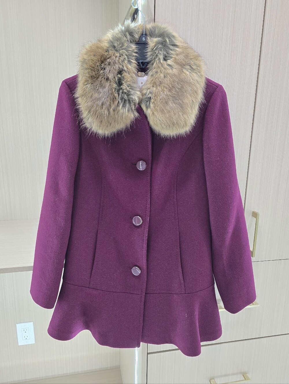 Kate Spade Plum Wool Pea Coat with Faux Fur Collar